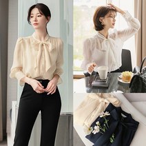 시크라인 노방 쉬폰 리본 블라우스