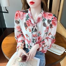 KORELAN 가을 긴팔 쉬폰 탑 프린트 빈티지 나그랑 블라우스 여성 디자인 등롱소매셔츠