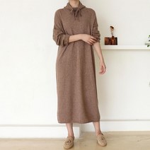 루즈핏 리본끈 셔링 반목 터틀넥 니트 롱 원피스 3컬러