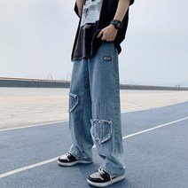 남녀공용 패치워크 청바지 하이 스트리트 힙합