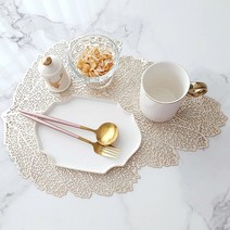 식탁매트 방수 식탁매트 레이스 꽃무늬 플라워 나뭇잎 몬스테라 바나나잎 예쁜 빈티지 자수 손뜨개 매트, 나뭇잎 테이블매트_골드 EP-1033