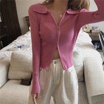 퐁순싸롱 집업 골지 볼레로 블루 카라 크롭 숏 니트 가디건 YJ