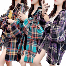 여성 롱 오버핏 체크 셔츠 자외선차단 남방 자켓 블라우스