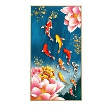아트미니 보석십자수 재운 황금 금빛 비단 잉어 소원 연꽃 행운 몰려가는, 70x120cm