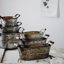 한소픈 나무 손잡이 타원 양철통 정원 소품 인테리어용품 화분통 수납함, 소