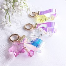 문크리스탈 블링블링 홀로그램 스트랩 얼음 별 버즈 에어팟 키링 자동차 열쇠고리, 핑크 O형고리, 블링블링 홀로그램 스트랩 얼음 별 키링