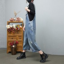 여성용 봄 여름 빅사이즈 스크래치 워싱 와이드 데님 멜빵바지 청 점프수트