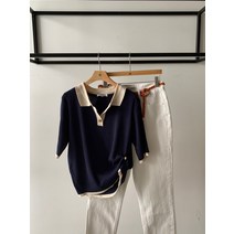 에이치다 / [빠른배송] 반 오픈 배색 카라 반팔 니트 3color