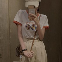 새로운 여성 티셔츠 쾌활한 소녀 느낌 둥근 목 반팔 봄 여름 만화 캐릭터 타이거 인쇄 슬림핏 빈티지