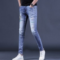 남성 봄 슬림 찢어진 청바지 2023 바지 자수 트렌디 캐주얼 한