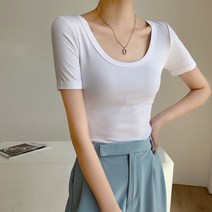 U넥라인 골지 반팔 티셔츠 기본티 이너티 캐주얼 무지티 코디룩 레이어드 데일리 슬림핏 16컬러