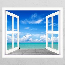 꾸밈 cg102-에메랄드빛바닷가창문그림액자 시트지, B타입-외부창문형