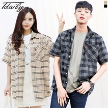 티데일리 남여공용 포리즌 반팔 오버핏 박시 체크 셔츠 남방 반소매