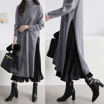 하늘바라기 여성용 롱 트임 터틀넥 원피스