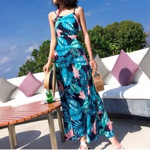 Ineymall BGS 블루 하와이안 끈나시 등매듭 롱원피스 허니문 해외여행 여름 바캉스 휴양지 비치 맥시원피스