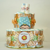 기저귀케이크2단 쥬시베베 하기스기저귀28개+양말+무형광손수건 포함 완성품, 남아용_3단계_백일이후용