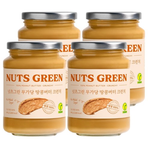 넛츠그린 무가당 땅콩버터 크런치, 480g, 4개