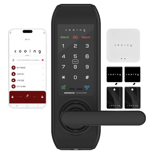 쿠잉전자 주키 손잡이있음 원격제어 IoT 무타공 스마트 도어락, 게이트웨이, DL-BHT03BK, 고객직접설치