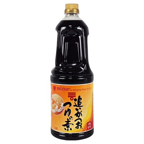주황색 라벨이 붙은 미즈칸 쯔유 1.8L 큰 플라스틱 병
