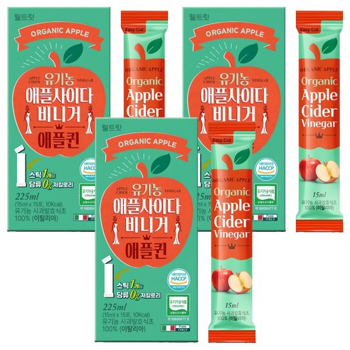 웰트릿 유기농 애플퀸 애플사이다비니거 15p, 225ml, 3개