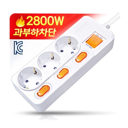 개별스위치 멀티탭 KC인증 접지 과부하차단 2800W 절전 콘센트 3구 멀티탭, 화이트(빨간스위치), 1개, 1.5m