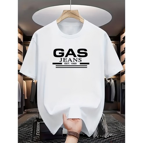 GAS 레터 프린트 티셔츠, 반팔 라운드넥 캐주얼 탑, 여름 및 봄에 적합, 반팔 탑