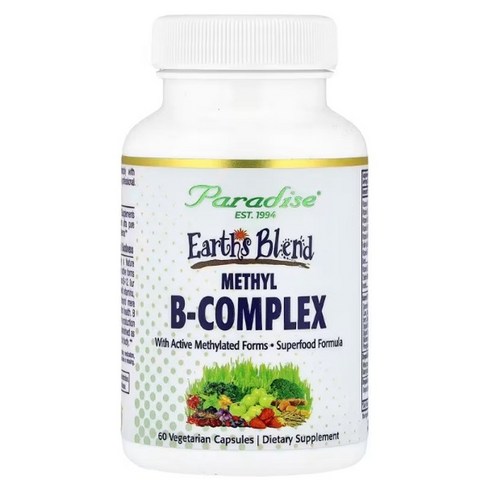 Paradise Herbs, Earth's Blend B-Complex, 메틸화, 효소 활성 형태의 비타민 B + 슈퍼푸드, 에너지 및 면역 지원, 60