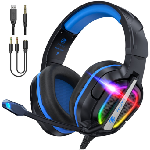 파치시 유선 게이밍 헤드셋 3.5mm 가상 7.1채널 RGB 3D 사운드 노이즈 캔슬링 마이크, 블랙 블루, FC200