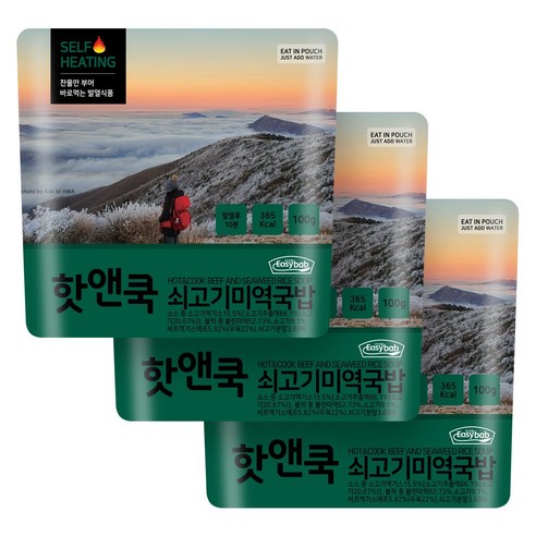 이지밥 핫앤쿡 쇠고기미역국밥 비화식 발열도시락 전투식량 비상식량 등산도시락, 100g, 3개