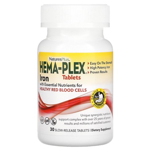 NaturesPlus Hema-Plex 건강한 적혈구 지원 필수 영양소 함유 철분 서방정 30정