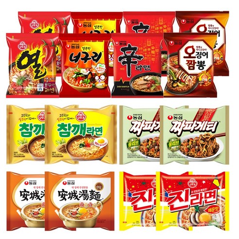 농심 오뚜기 BEST 봉지라면 8종류 총 16봉지 (신라면2 짜파게티2 너구리2 오징어짬뽕2 안성탕면2 진라면매운맛2 참깨라면2 열라면2), 1세트