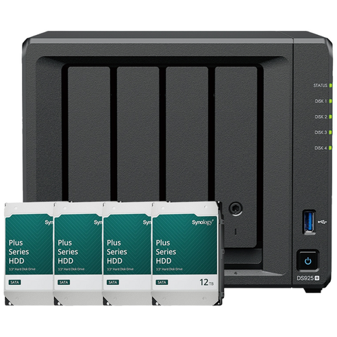 시놀로지 나스 DS925+ 4베이 NAS 대용량 업무용 공유서버 초기설치지원, 48TB (12TB x 4)