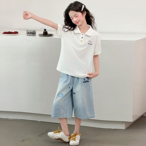 유영키즈 카라티 반팔티 데님 반바지 상하세트 K57