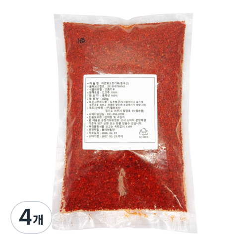 국내세척가공 수입고춧가루 김치용 다용도입자, 4개, 500g