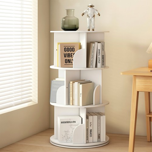 편안홈 대용량 원형 책장 거실 책장 서재 책장 나무 책장, 화이트, 3단