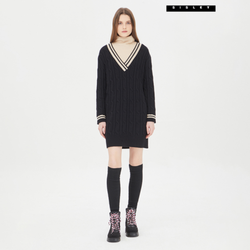 시슬리 배색 케이블 니트원피스 SAKO32361BK 763223