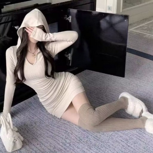 닷이프 구디프 여성용 글램 V넥 골지 미니 후드 원피스