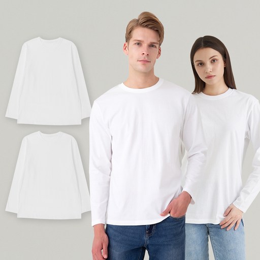 BASE ALPHA ESSENTIALS 男女適用純棉圓領長袖上衣 2件組, 白色