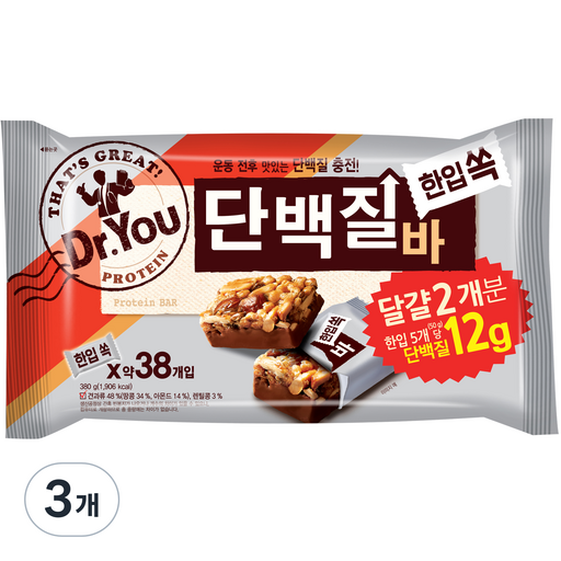 닥터유 한입쏙 단백질바 380g 3개 달콤한 고단백 간식