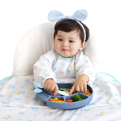 babyclo 多功能防水長袖圍兜 拉鍊款 6個月~3歲, 藍色大象, 1件, 1件