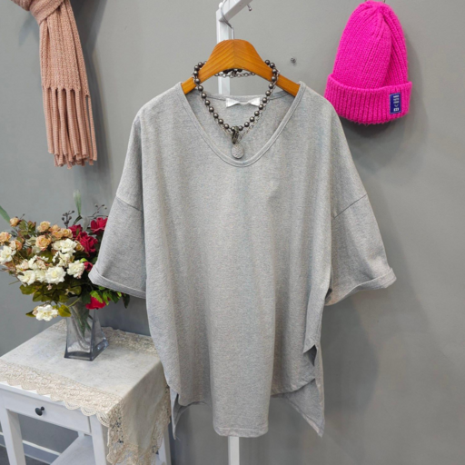 여성용 브이넥 멜로디 언발란스 박시 트임 반소매 티셔츠 면100 오버핏 여름 캐주얼