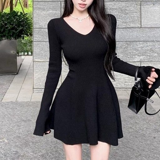 cammello 브이넥 슬림핏 골지 플레어 미니원피스 긴팔 A라인 드레스 하객룩