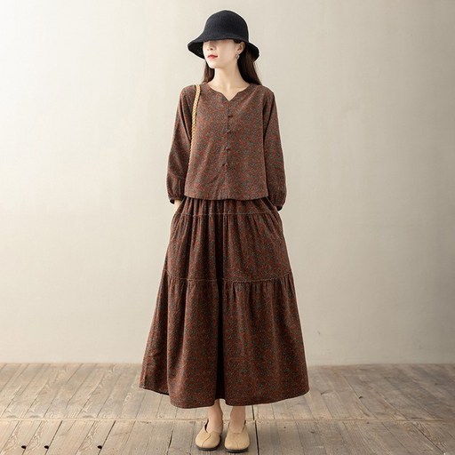에스닉 빈티지 면 마 텍스처 봄 여름 투피스 소매 플라워 스커트 다양한 계절 패턴 스커트 상의 빈티지 느낌 개량 한복 소재 통기성