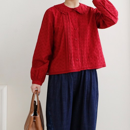 여성 레이스 카라 블라우스 면100 세로핀턱 루즈핏 데일리 4color