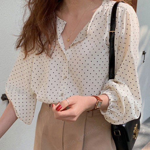 cammello 프렌치 도트패턴 루즈핏 벌룬소매 긴팔 블라우스 봄가을 출근룩 데일리룩