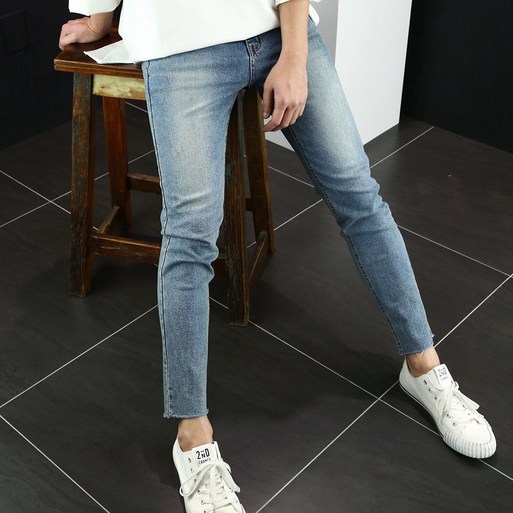 남자 스판 9부 컷팅진 남성 슬림 일자 핏 바지 크롭 데님 팬츠