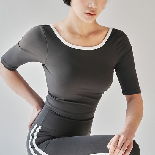 콘치웨어 여성용 배색 U 라인 숏 슬리브 3colors 필라테스 요가