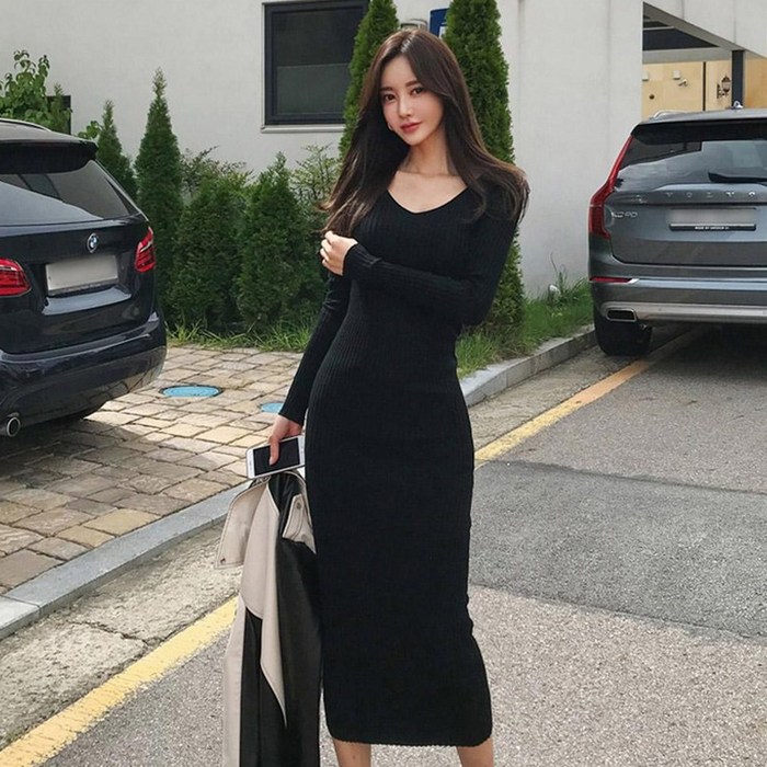 타니즈 브이넥 슬림 골지 니트원피스 플립