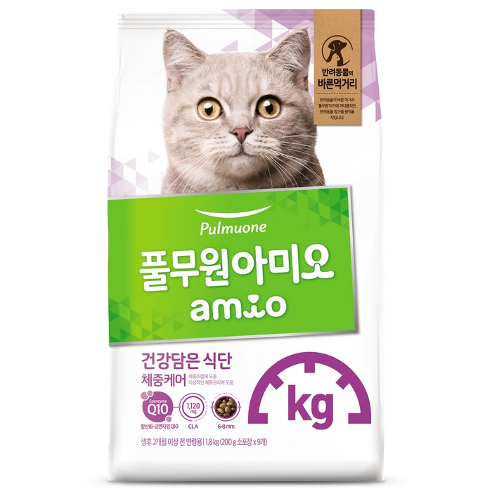 풀무원아미오 고양이 건강담은 식단 기능성 사료, 다이어트체중감소, 1.8kg, 1개
