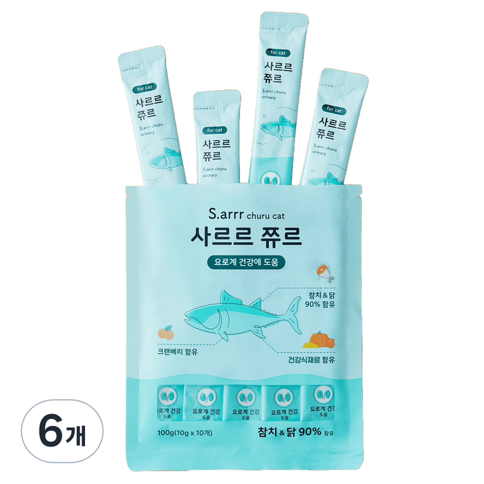 동원아르르 사르르 쮸르 짜먹는 고양이간식 요로계건강, 100g, 6개, 혼합맛참치닭